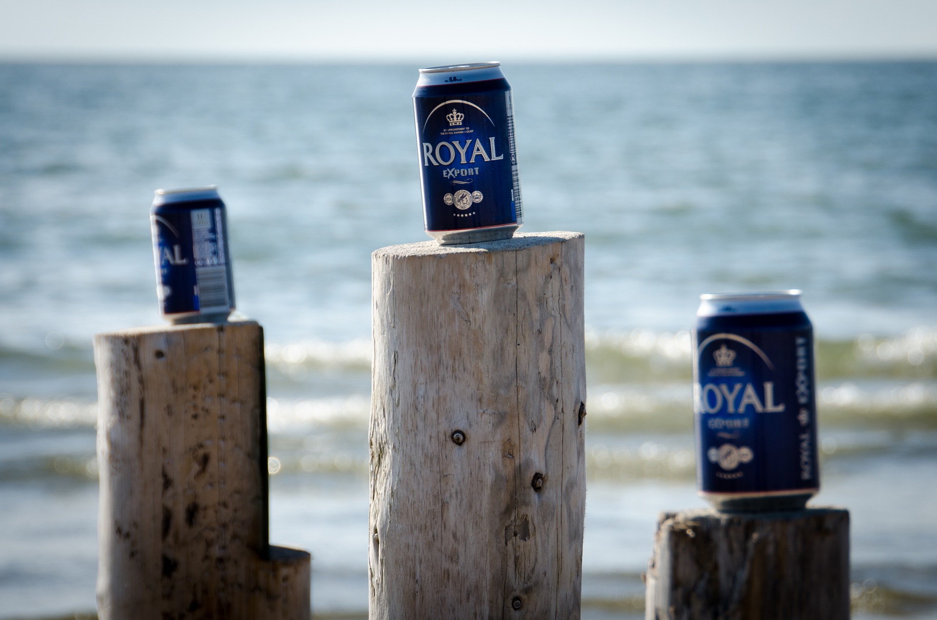 Beers lined up along beach pilings
